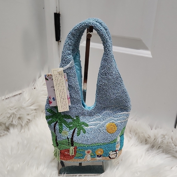 🔹️Made In india 🔹️Blue  Vacation Palm Trees Summer Beach Beaded Tote Bag - Picture 1 of 11